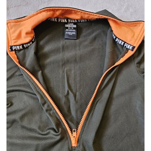 Victoria Secret Pink XS Ultimate Olive Green Neon Orange 1/2 Zip Pullover Shirt - Picture 3 of 11